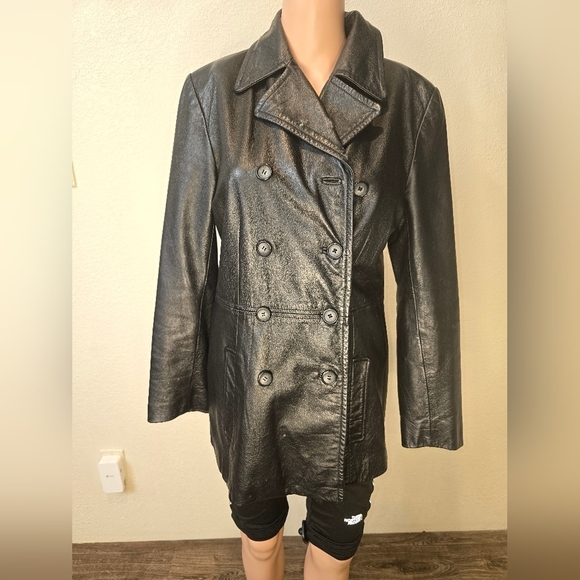 Colebrook Jackets & Blazers - Colebrook Jacket Black Leather Double Breasted Collared Pockets Lined Size S